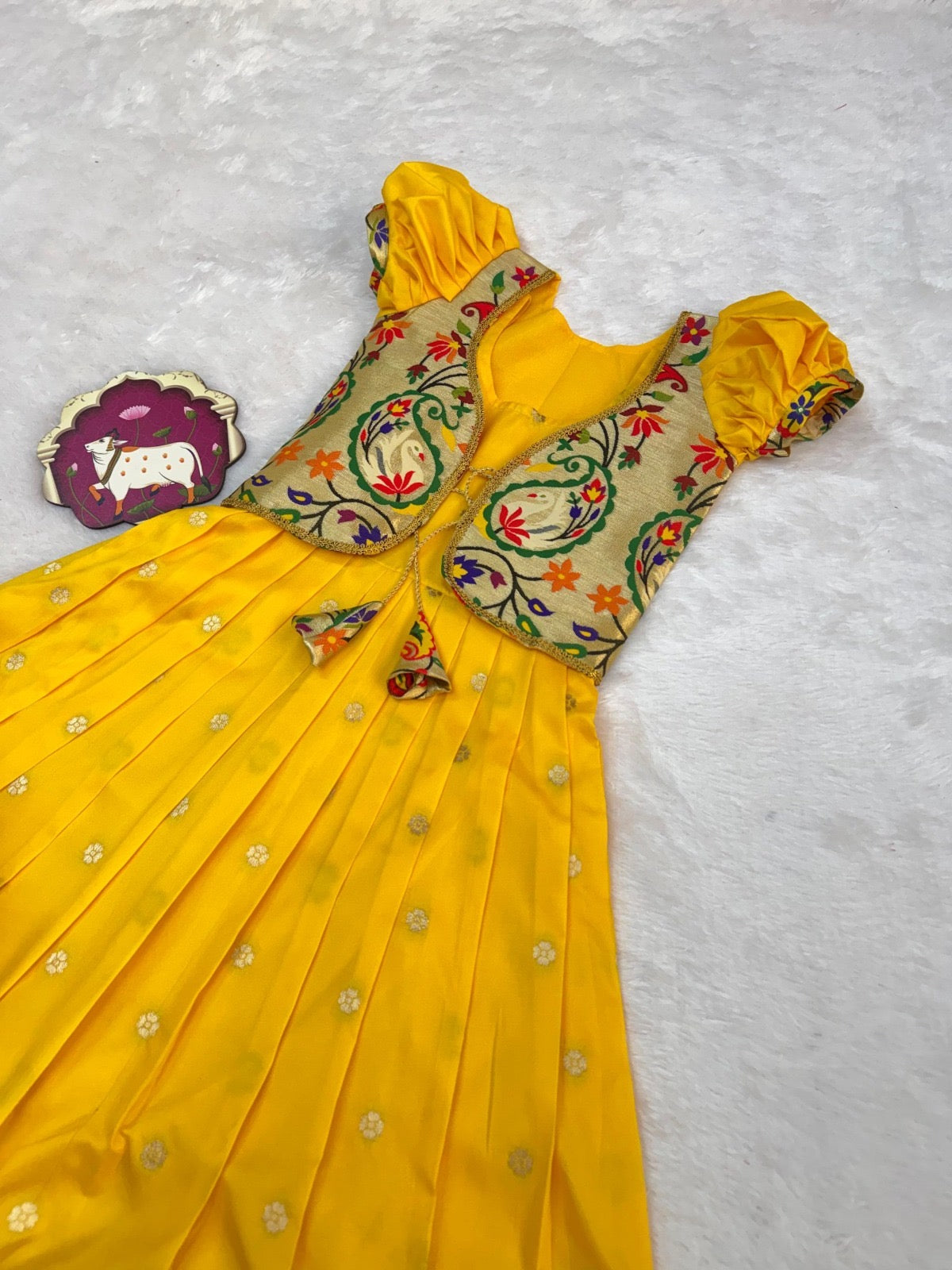 Girls Paithani Silk Gown with Overcoat – Golden Zari Weaving Party Wear