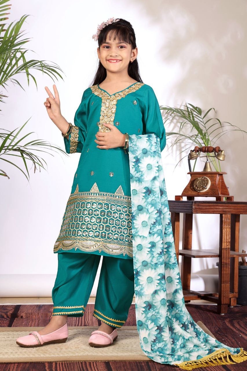 Girls Kurta Set – Floral Embroidered Silk Crepe Top Pant with Dupatta