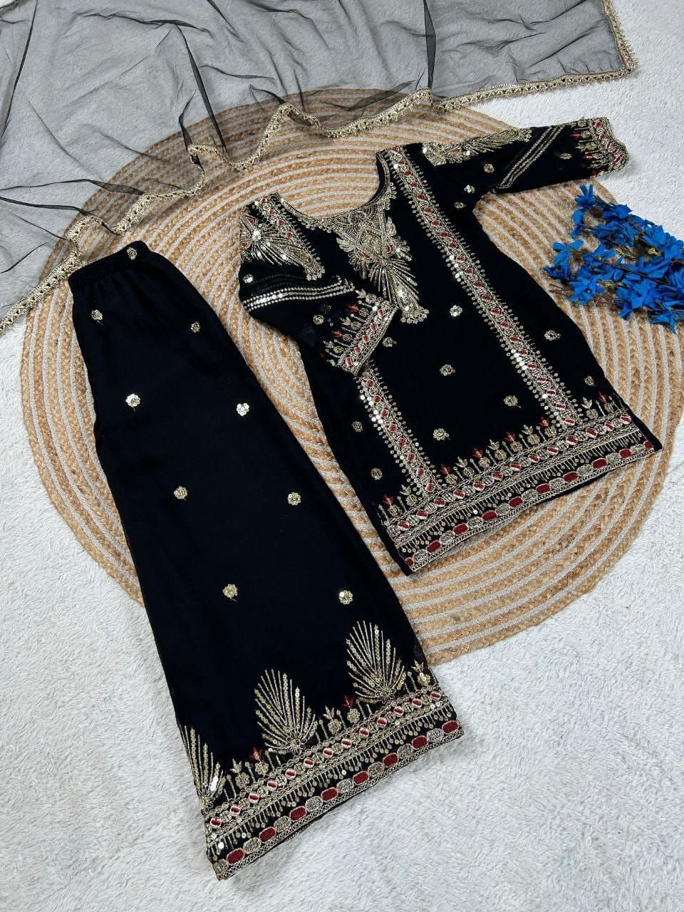 Girls Sharara Suit Set – Embroidered Georgette Kurti Palazzo with Dupatta