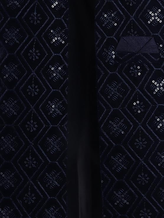 Boys 3-Piece Sherwani Set – Navy Blue Cotton with Velvet Blazer