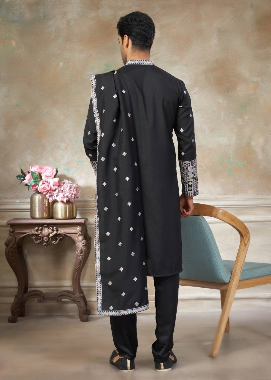 Men’s Silk Kurta Pajama Set with Dupatta – Embroidered Wedding & Party Wear