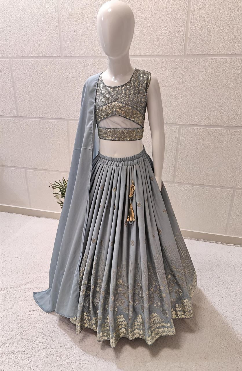 Girls Lehenga Choli Set – Sequin Embroidered Faux Georgette Outfit with Dupatta