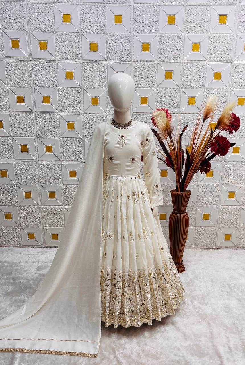 Girls Embroidered Vichitra Silk Gown with Dupatta – Sequin Party Wear
