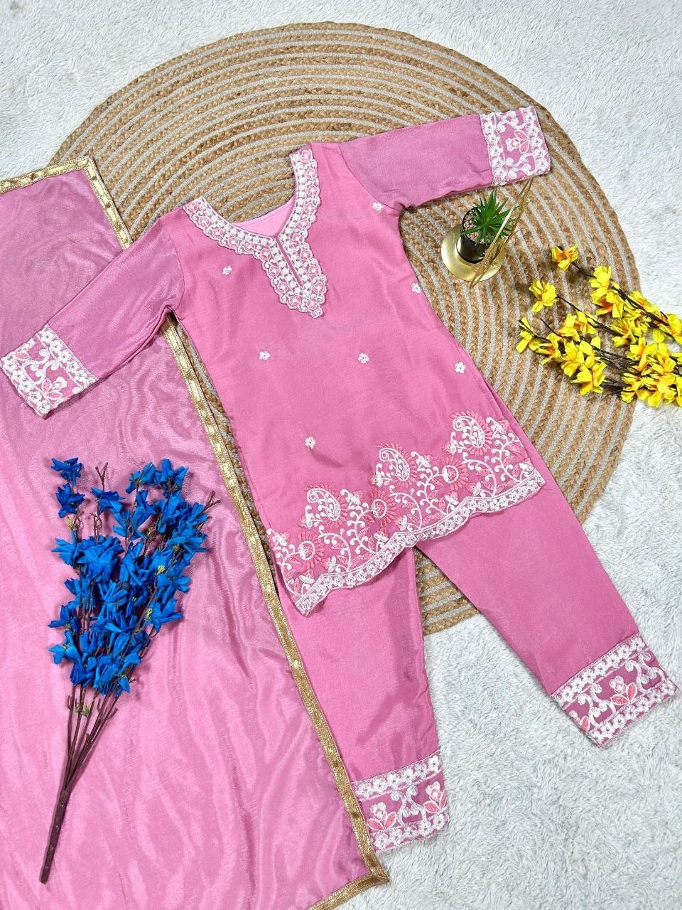 Girls 3-Piece Embroidered Party Outfit – Silk Top, Palazzo & Dupatta