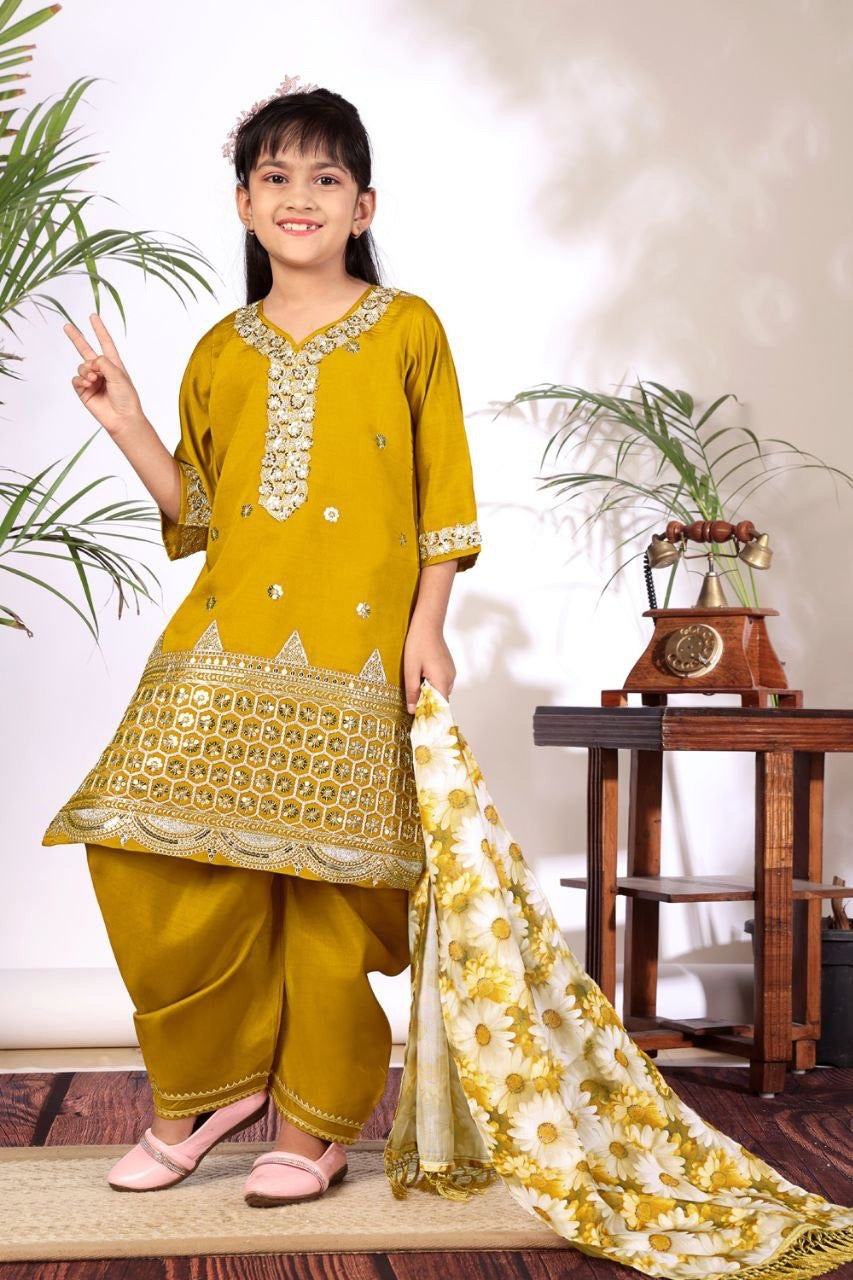 Girls Kurta Set – Floral Embroidered Silk Crepe Top Pant with Dupatta
