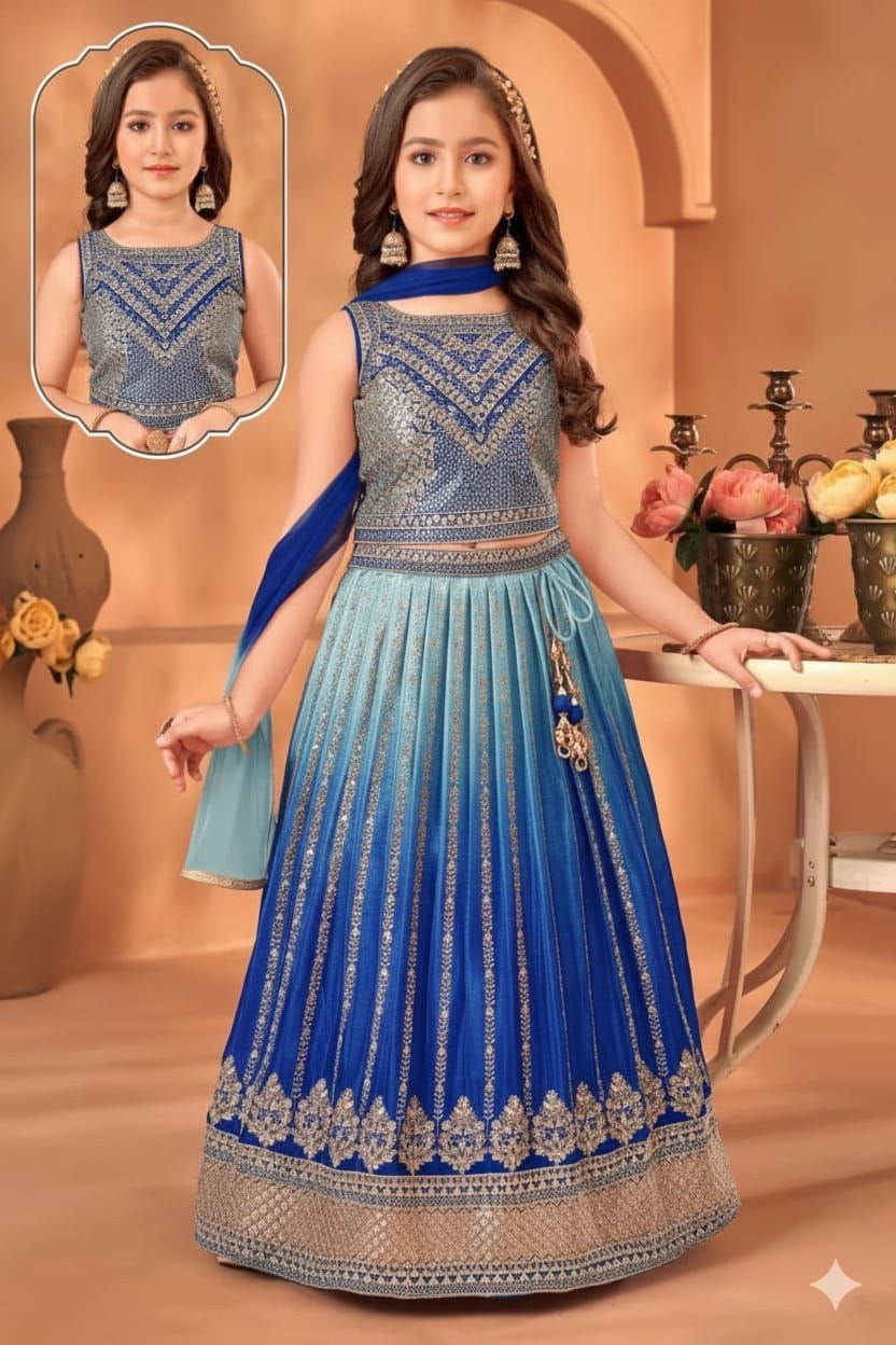 Girls Designer Lehenga Choli Set – Embroidered Chinon Silk Party Wear with Dupatta