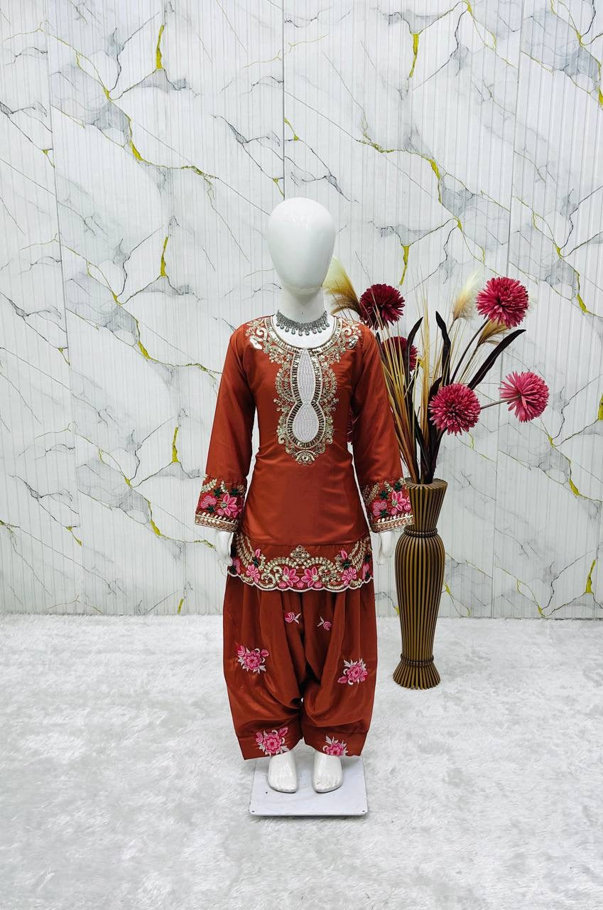 Girls Heavy Embroidered Salwar Suit Set – Crepe Top, Salwar & Organza Dupatta
