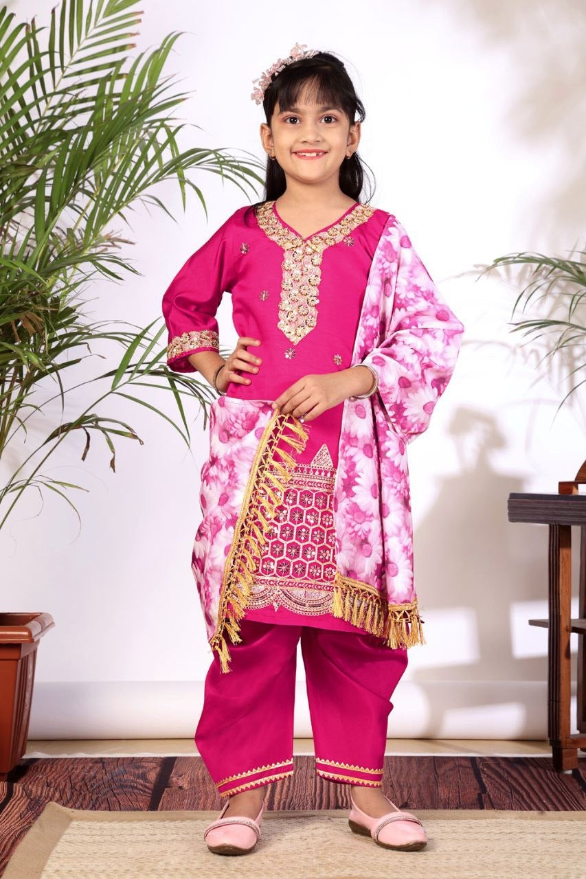 Girls Kurta Set – Floral Embroidered Silk Crepe Top Pant with Dupatta