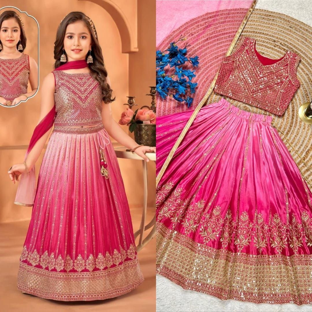 Girls Designer Lehenga Choli Set – Embroidered Chinon Silk Party Wear with Dupatta