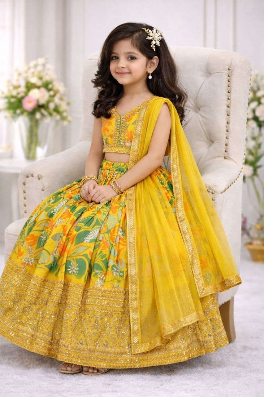 Girls Sequin Embroidered Lehenga Choli Set – Printed Georgette Party Wear with Dupatta