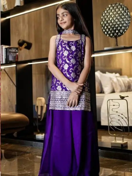 Girls Chinon Cotton Embroidered Palazzo Set with Dupatta – Sequin Party Wear