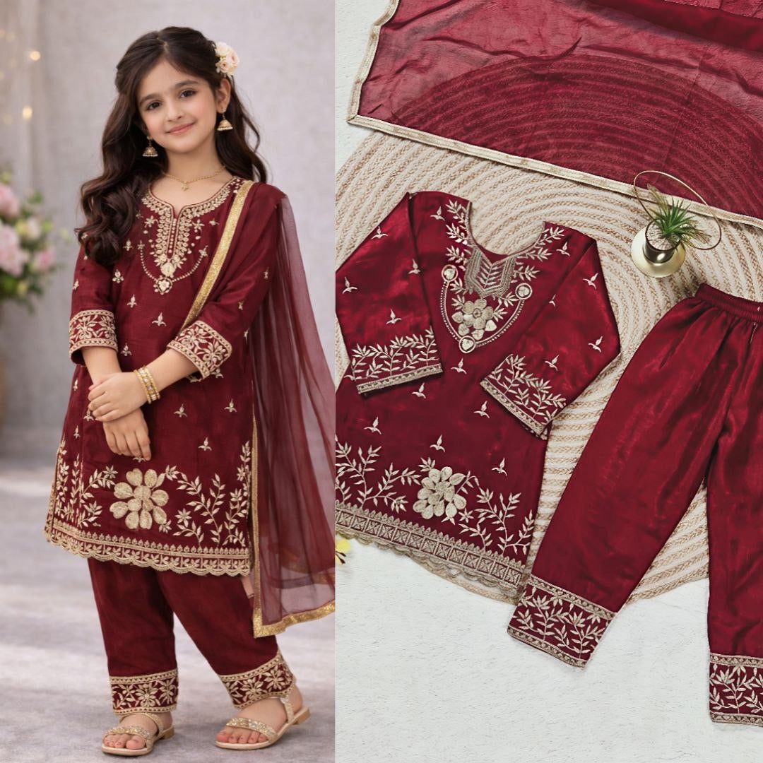 Girls Embroidered Silk Palazzo Set with Dupatta – Luxury Party & Occasion Wear