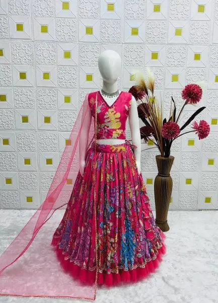 Girls Crepe Lehenga Choli Set with Mirror Handwork – Embroidered Party Wear