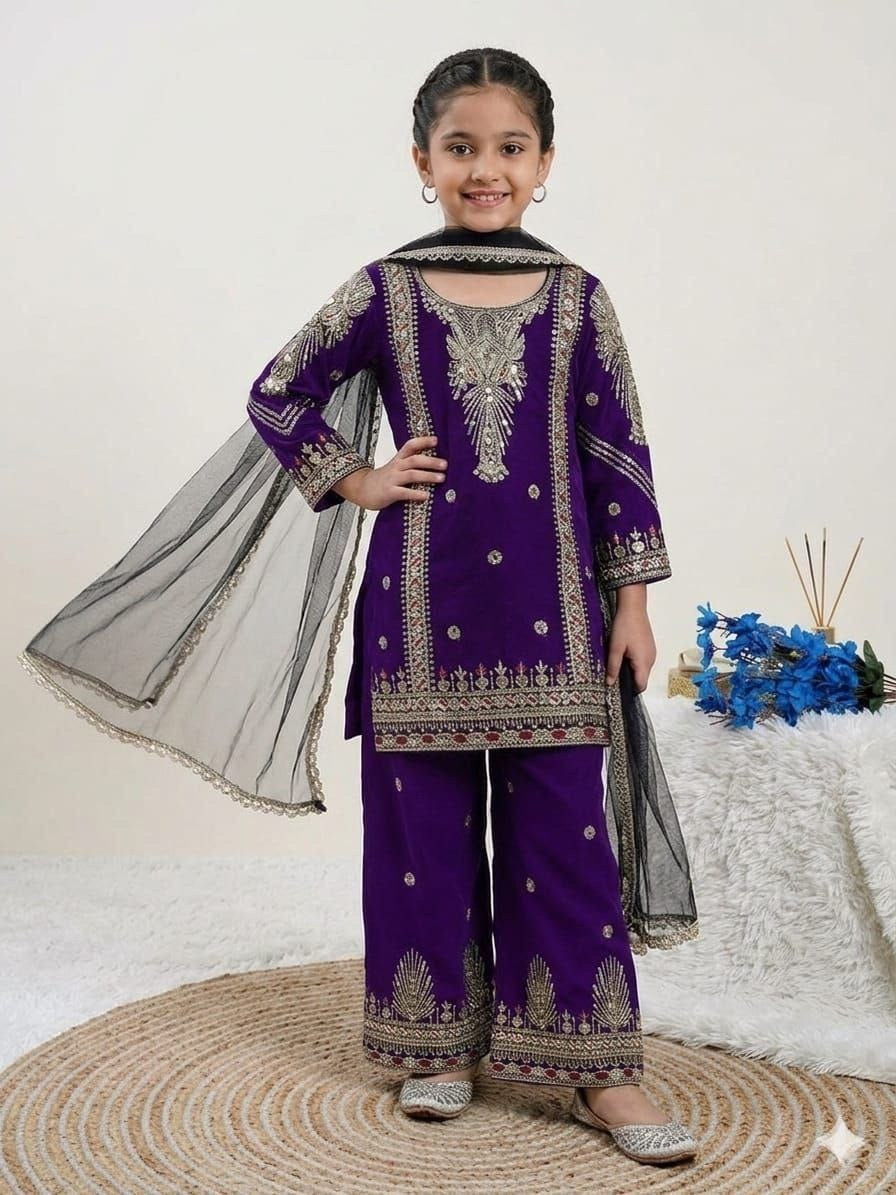 Girls Sharara Suit Set – Embroidered Georgette Kurti Palazzo with Dupatta