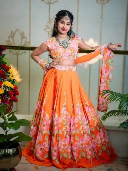 Girls Maslin Cotton Silk Lehenga Choli Set – Handwork Blouse & Printed Skirt