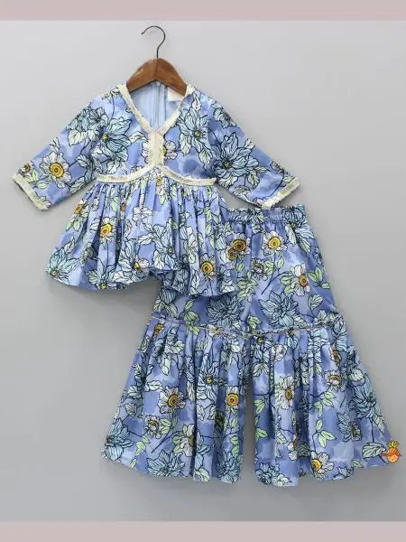 Girls Sky Blue Cotton Sharara Set – Printed Top Party Wear