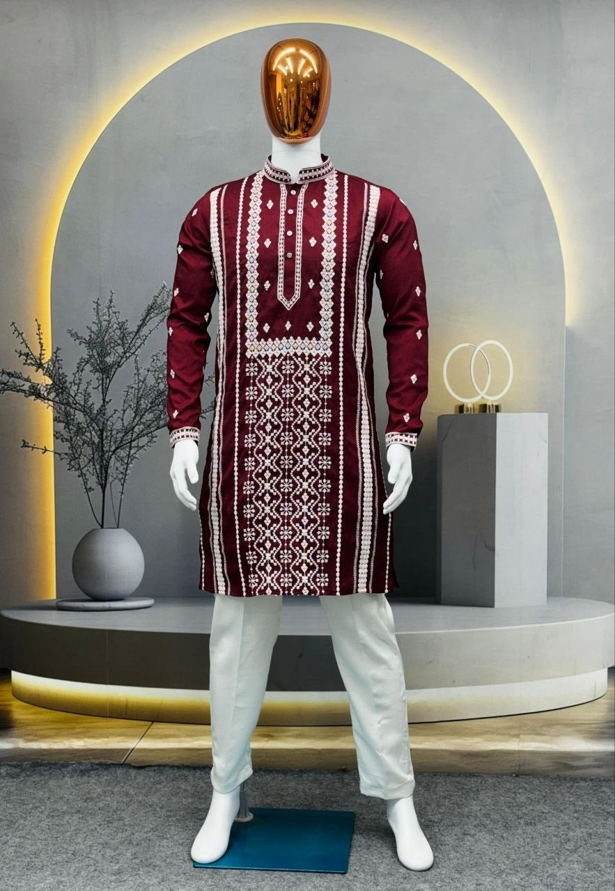 Men’s Heavy Embroidered Silk Kurta – Silver Sequin Detail
