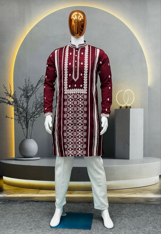 Men’s Heavy Embroidered Silk Kurta – Silver Sequin Detail
