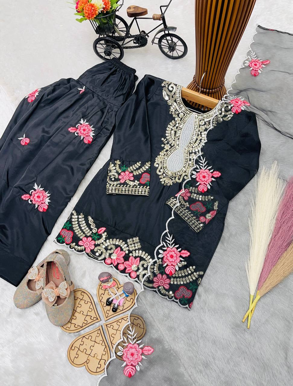 Girls Heavy Embroidered Salwar Suit Set – Crepe Top, Salwar & Organza Dupatta