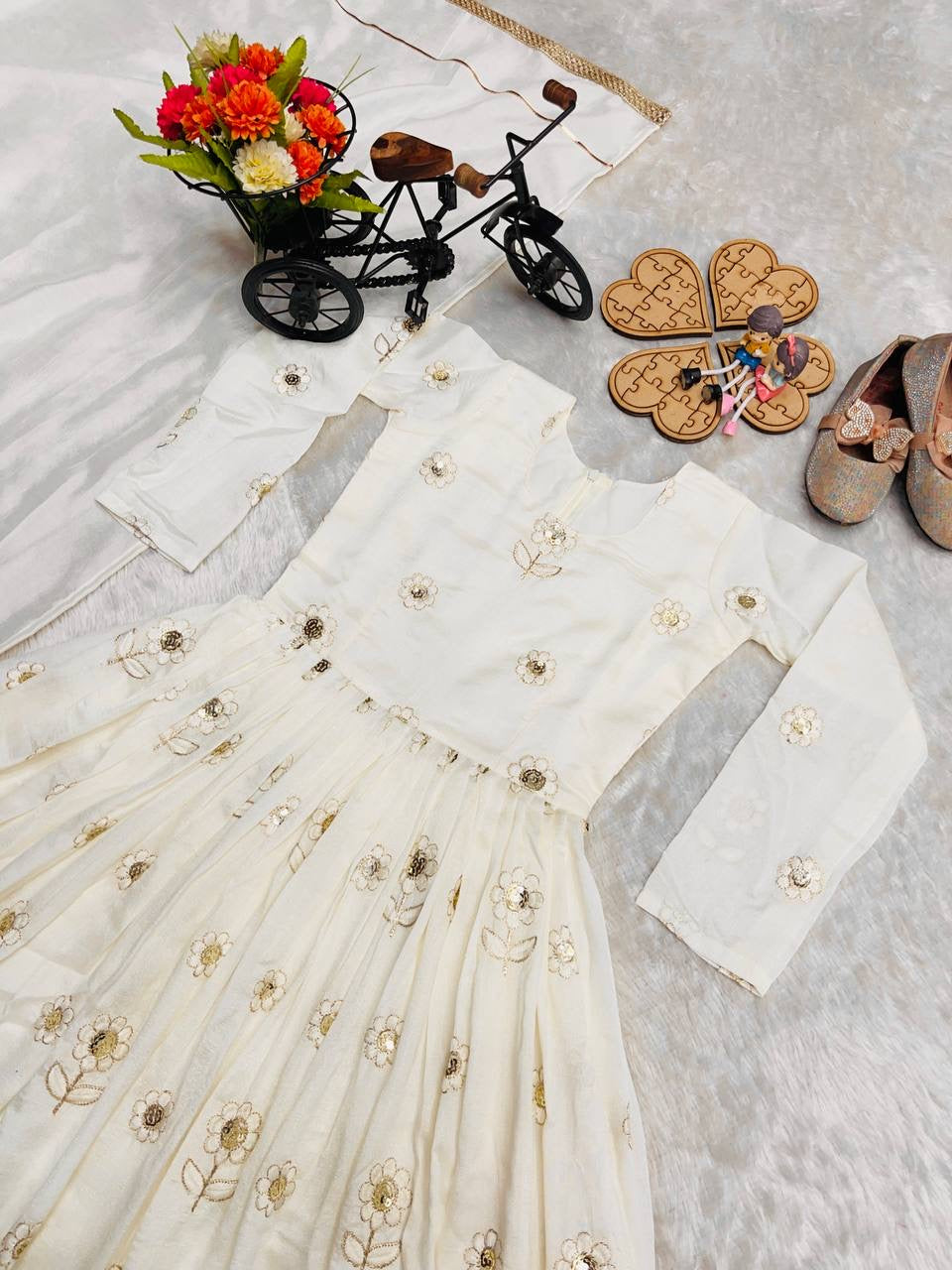 Girls Embroidered Vichitra Silk Gown with Dupatta – Sequin Party Wear
