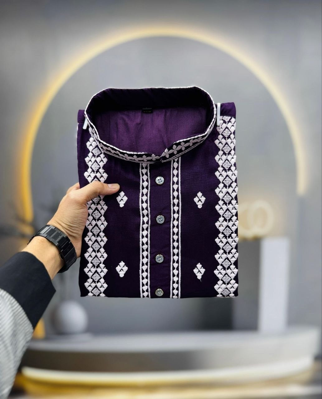 Men’s Heavy Embroidered Silk Kurta – Silver Sequin Detail