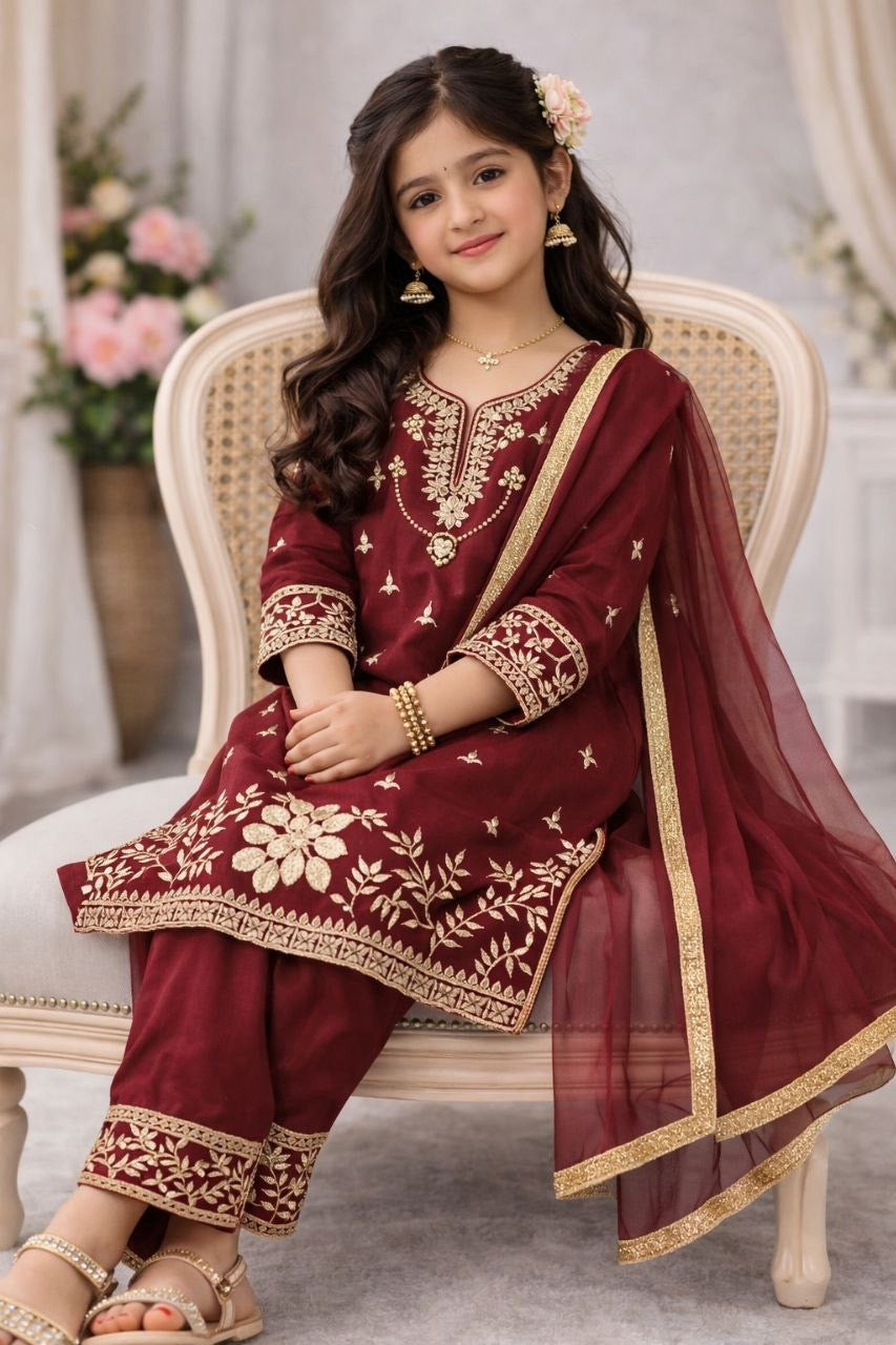 Girls Embroidered Silk Palazzo Set with Dupatta – Luxury Party & Occasion Wear