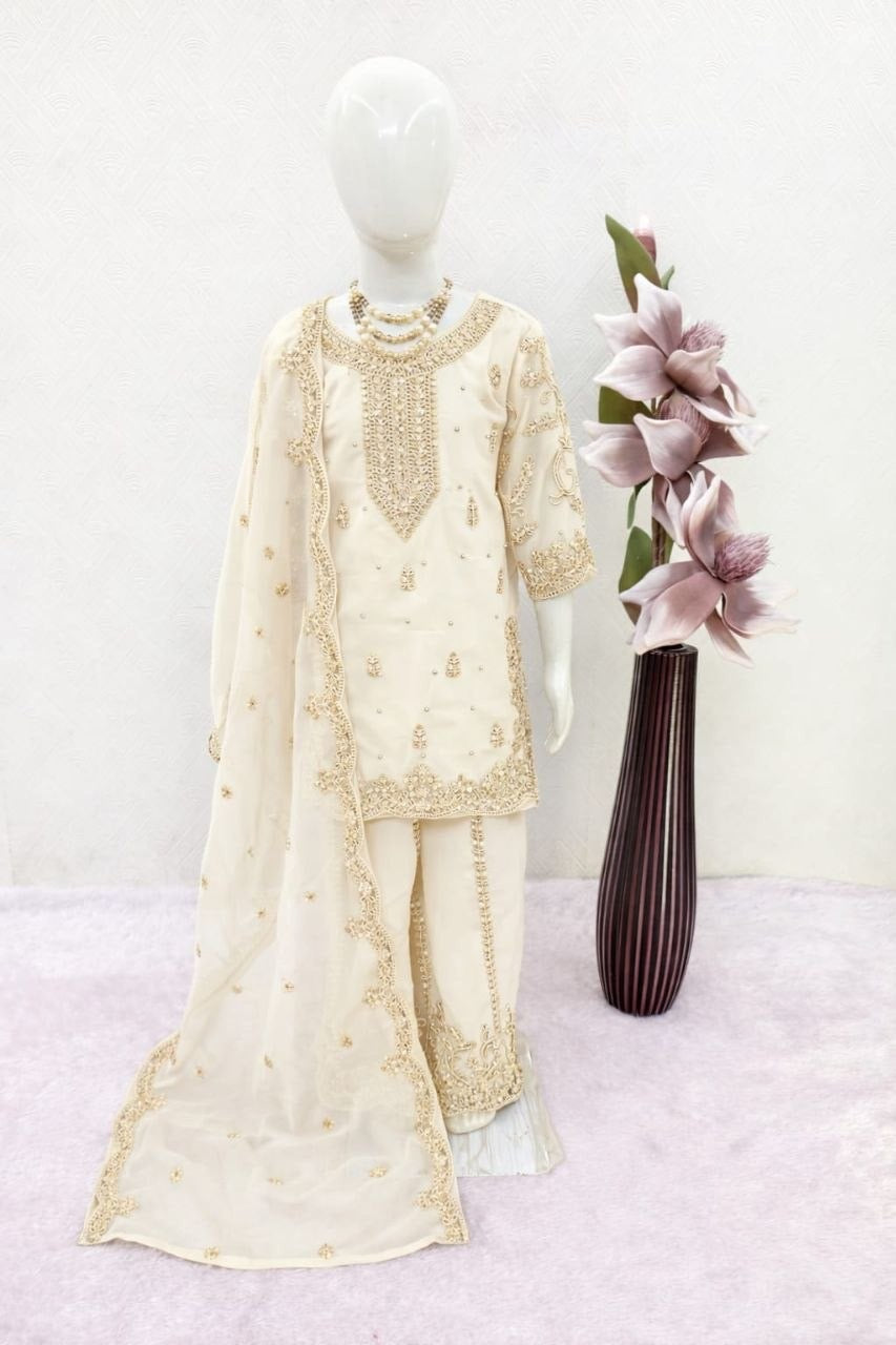 Girls Heavy Embroidered Sharara Suit Set – Georgette Kurti, Palazzo & Dupatta
