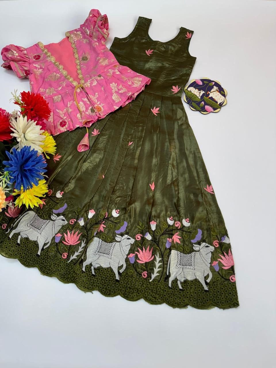 Girls Embroidered Gown with Designer Coat – Pichwai Inspired Party Wear Set