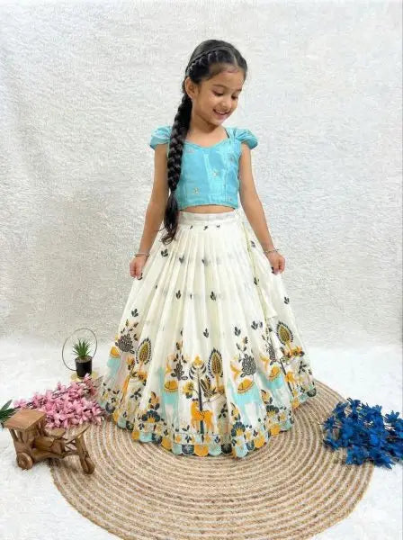 Girls Cotton Silk Lehenga Set – Sequin Embroidered Cutwork with Dupatta