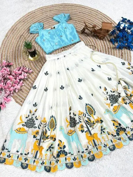 Girls Cotton Silk Lehenga Set – Sequin Embroidered Cutwork with Dupatta